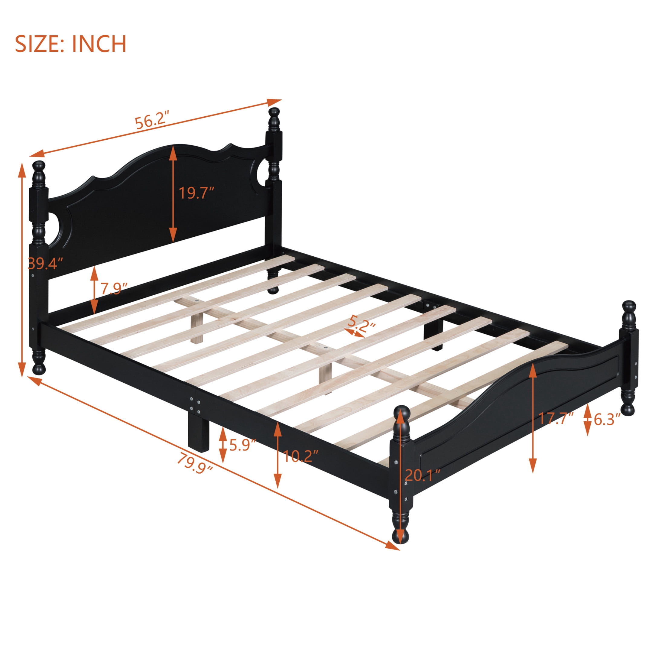 Noble House Full Wood Platform Bed Frame with Headboard, Wooden Slat Support, Black