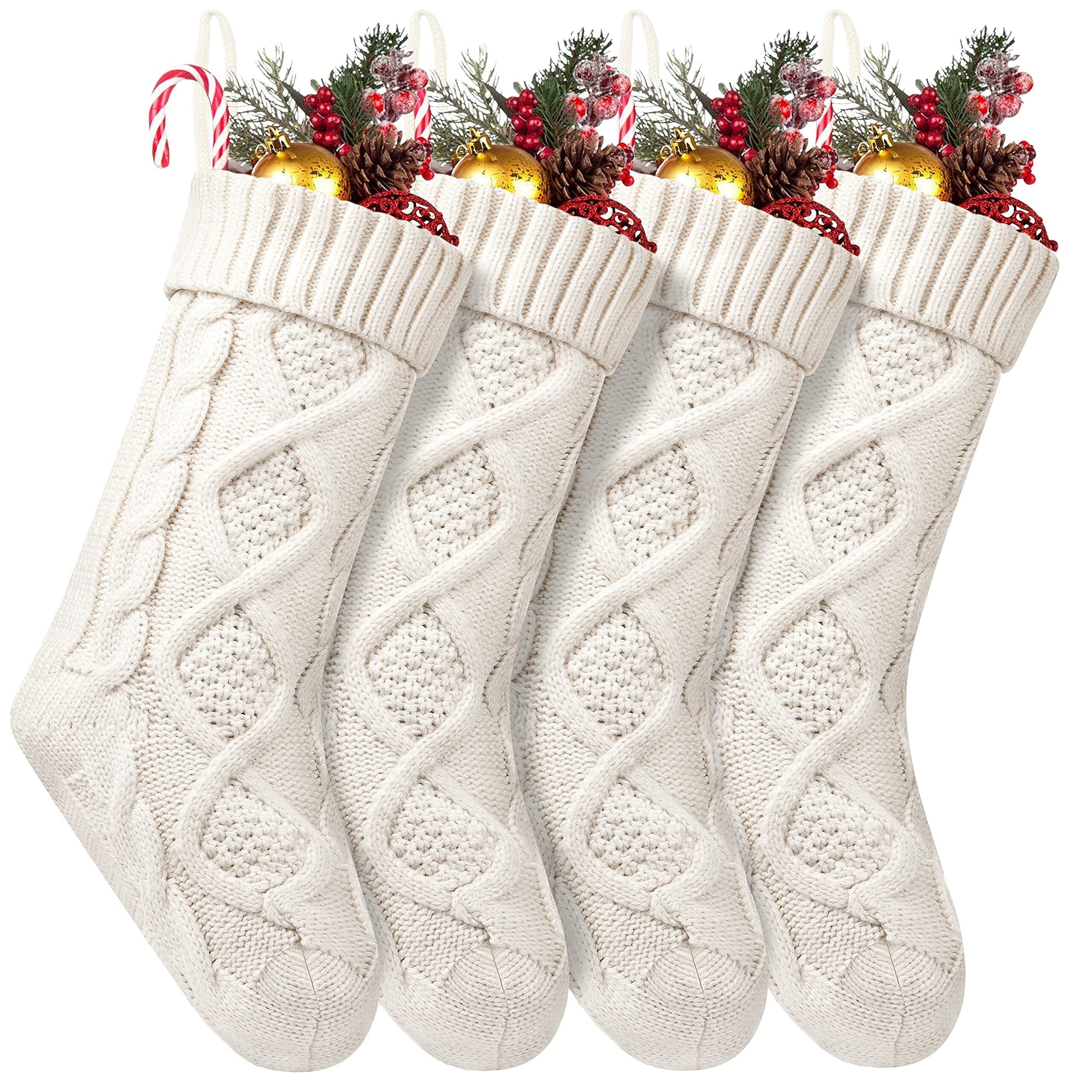 4 Pack Christmas Stockings 18 Inches Large Size Cable Knitted Stocking Gifts & Decorations for Family Holiday Xmas Party, Ivory White