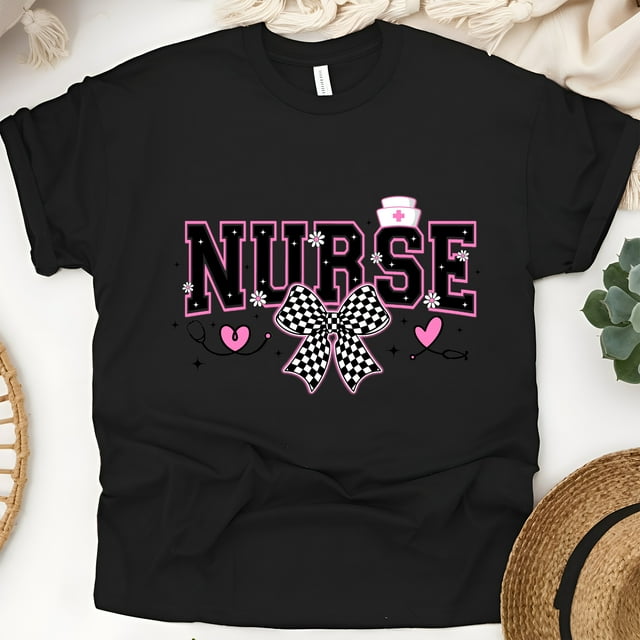 Nurse Graphic T-Shirt | Black Pink Varsity Lettering with Checkered Bow Tee, Black, Size XL
