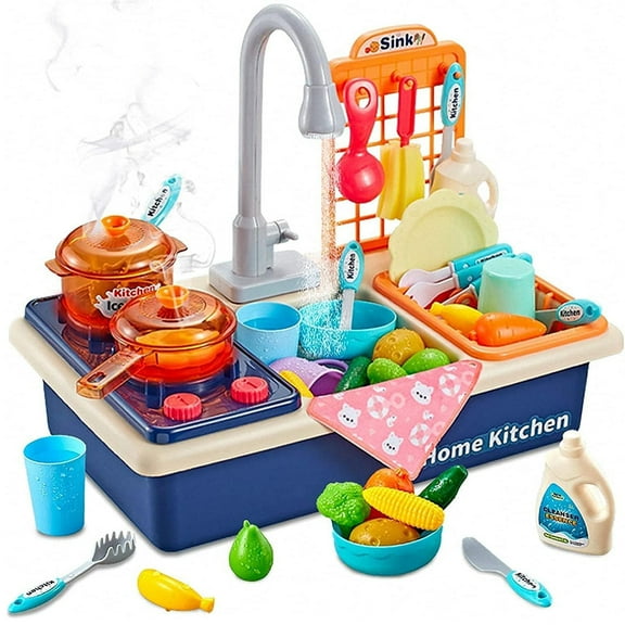 Ealing Kids Kitchen Playset with Running Water,27pcs Accessories Kitchen Cooking Dishwasher Toy Sets with Stove, Pots etc  for Toddlers, Blue