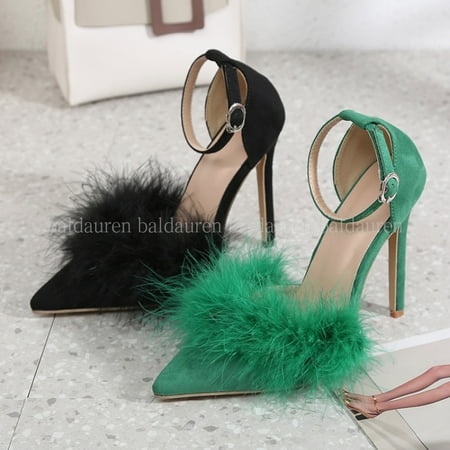 

New Women Pumps Pointed Toe Thin Heel Super High Heel Ankle Buckle Strap Sandals Feathers Shallow Graceful Fashion Party Shoes