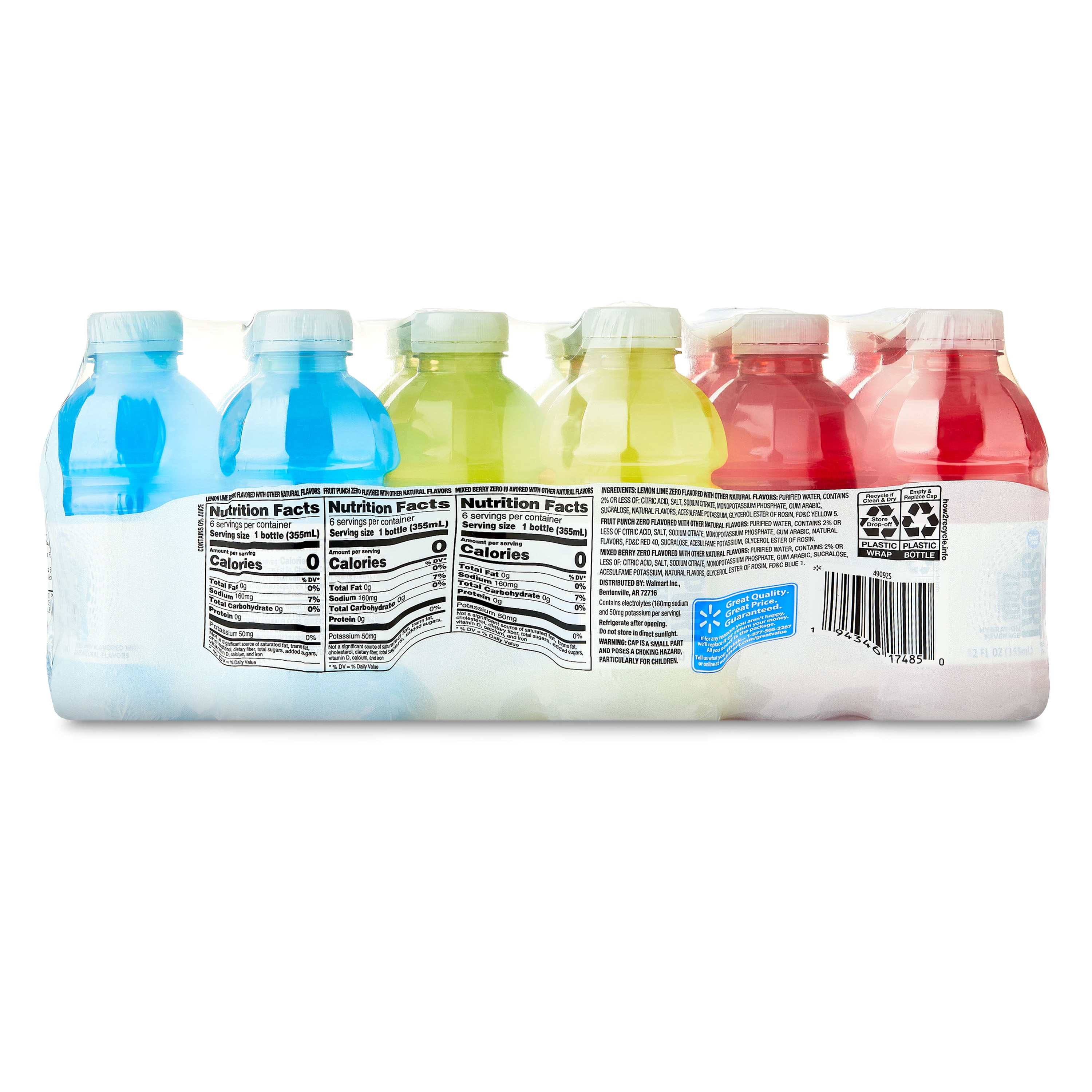 Great Value Zero Sugar Sport Hydration Beverage Variety Pack, Fruit Punch/Lemon Lime/Mixed Berry, 12 fl oz, 18 Bottles