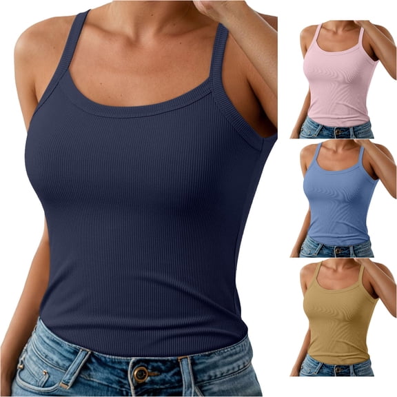 WAYUTE Women Tank Tops Spaghetti Straps Ribbed Camisole Basic Solid Stretch Fit Undershirt Spring Summer Comfortable Layering Top Casual Daily Wear,Navy,XL