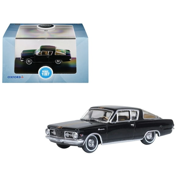 1965 Plymouth Barracuda Black with Gold Stripes 1/87 (HO) Scale Diecast Model Car by Oxford Diecast