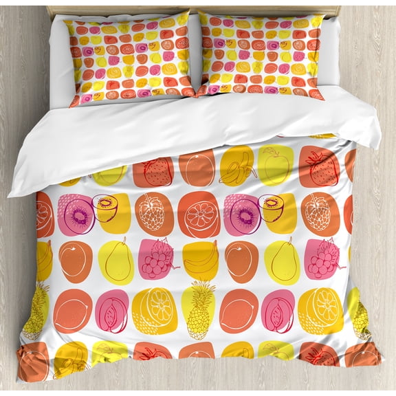 Fruits Duvet Cover Set Queen Size, Retro Pineapple Lemon Kiwi Raspberry Pop Art Modern Food Icons Caricature Graphic, Decorative 3 Piece Bedding Set with 2 Pillow Shams, Multicolor, by Ambesonne