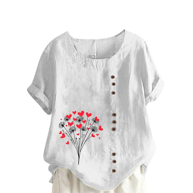 Vestidos Casuales Para Mujer, Blusas De Mujer De Moda Blusa informal de lino con cuello redondo, manga corta y botones para mujer