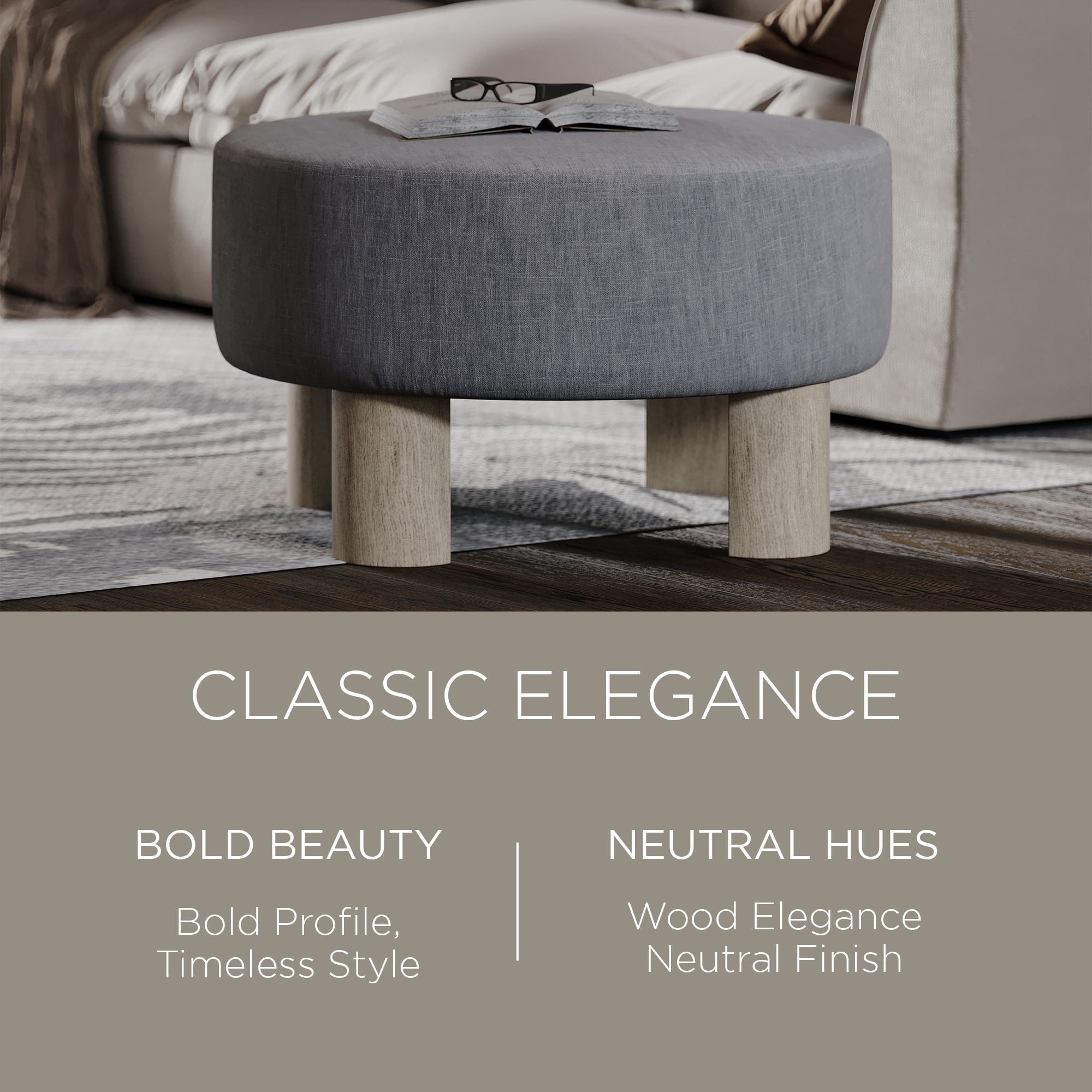 Maven Lane Celia Contemporary Upholstered Ottoman with Refined Grey Wood Finish