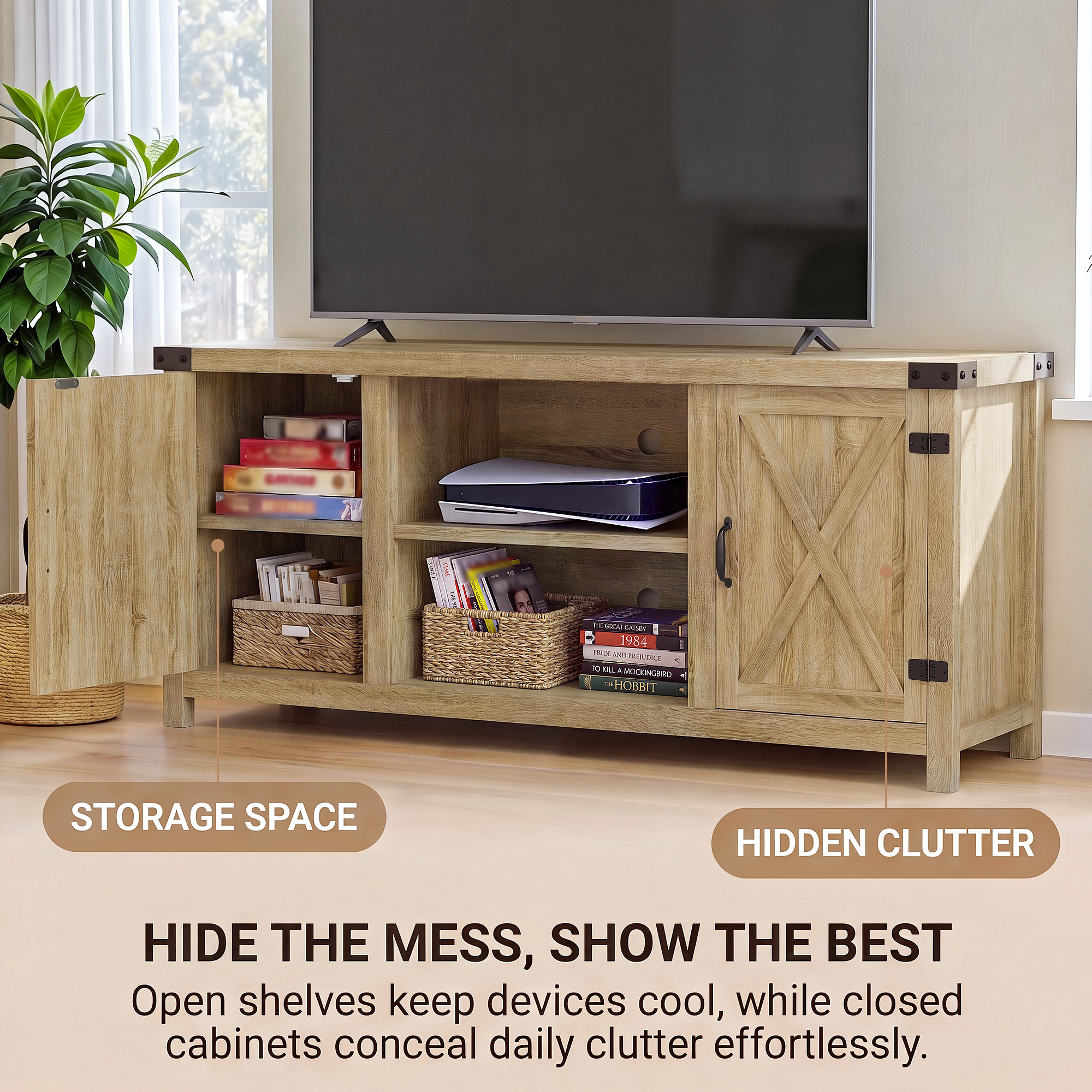 Homall Farmhouse TV Stand for 65", Oak Wood photo 7