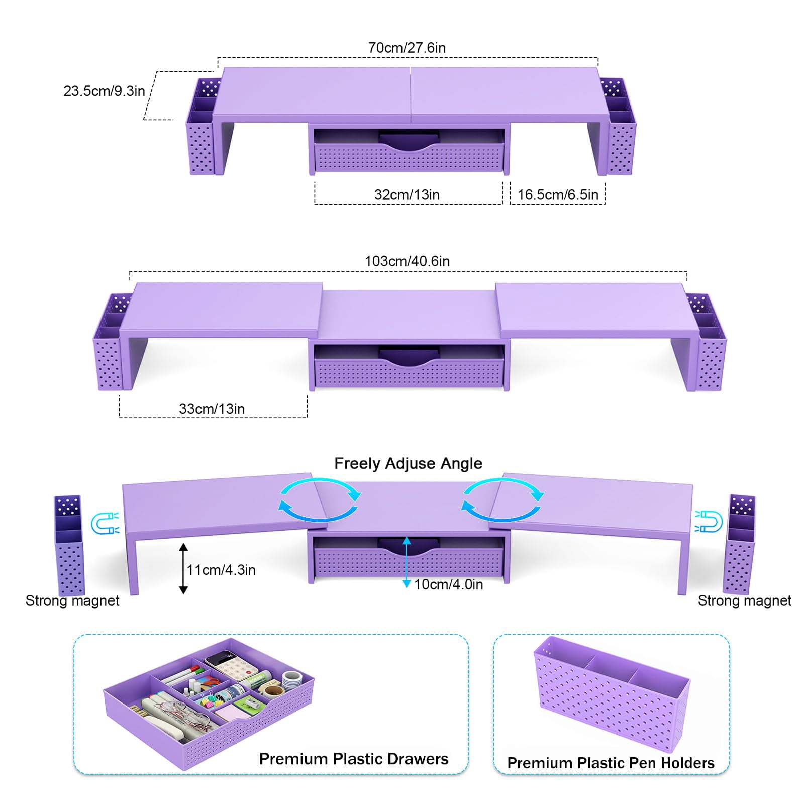 Metal Desk Organizers And Accessories  Dual Monitor Stand Riser With Drawer 2 Pen Holders & Workspace Desktop For Office Supplies (purple)