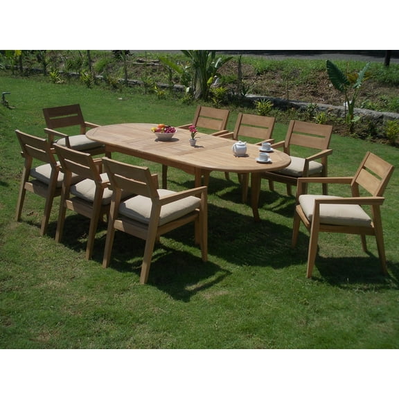 Teak Dining Set:8 Seater 9 Pc - 94" Oval Table And 8 Vellore Stacking Arm Chairs Outdoor Patio Grade-A Teak Wood WholesaleTeak #WMDSVLa