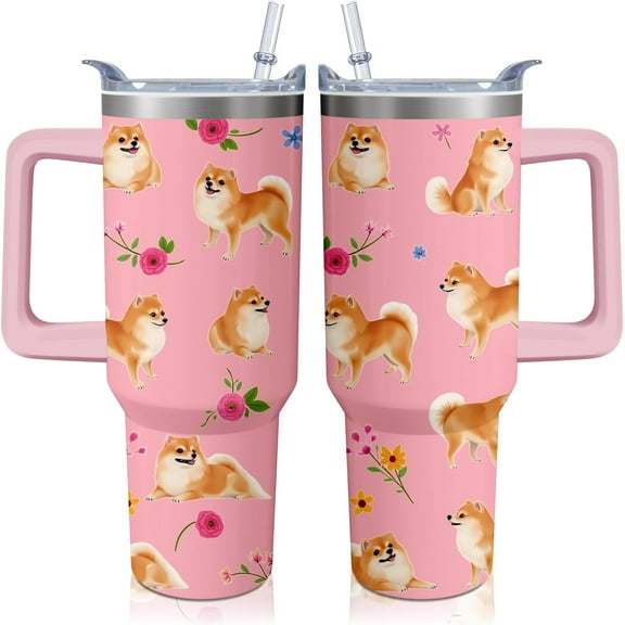 40oz Pomeranian Puppy Tumbler with Handle and Straw, Cute Stainless Steel Insulated Travel Mug, Gift for Dog Lovers, Birthday, Mother’s Day