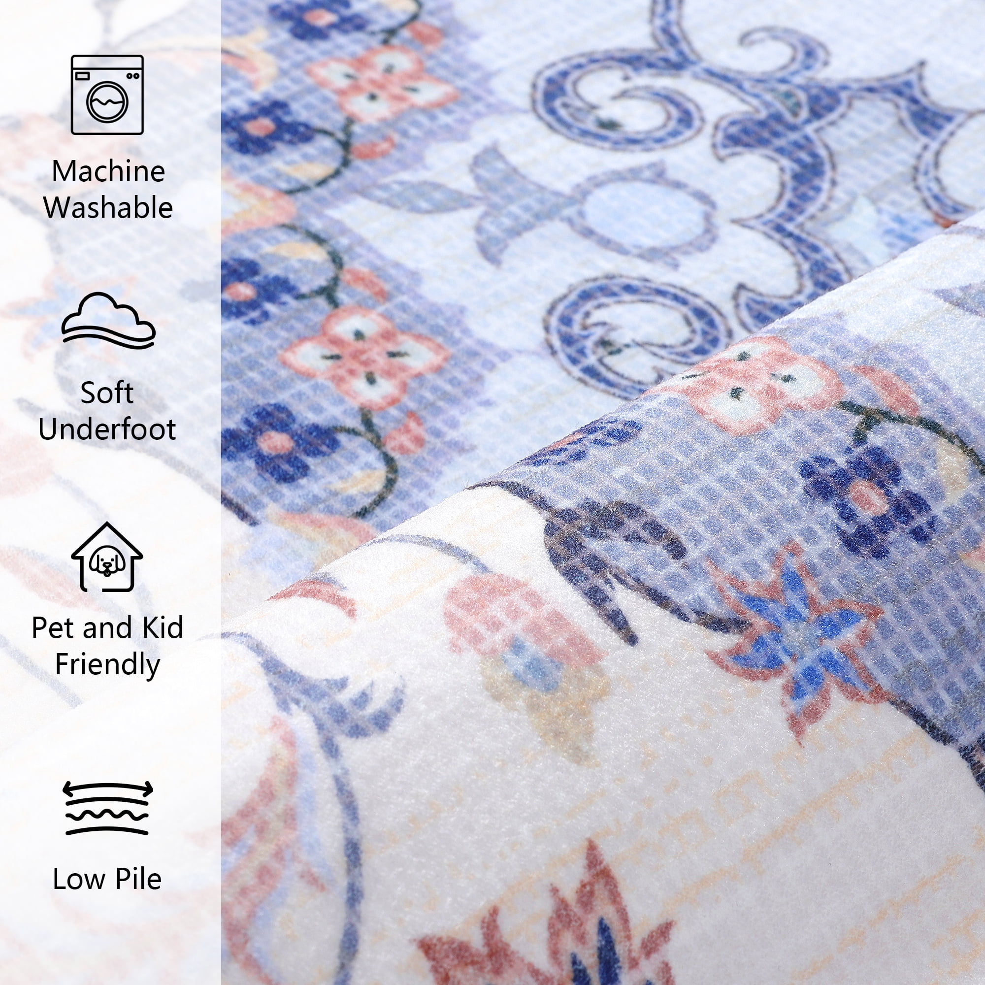 Wondo Bohemian Machine Washable Area Rug for Living Room, Blue, 5' x 8'