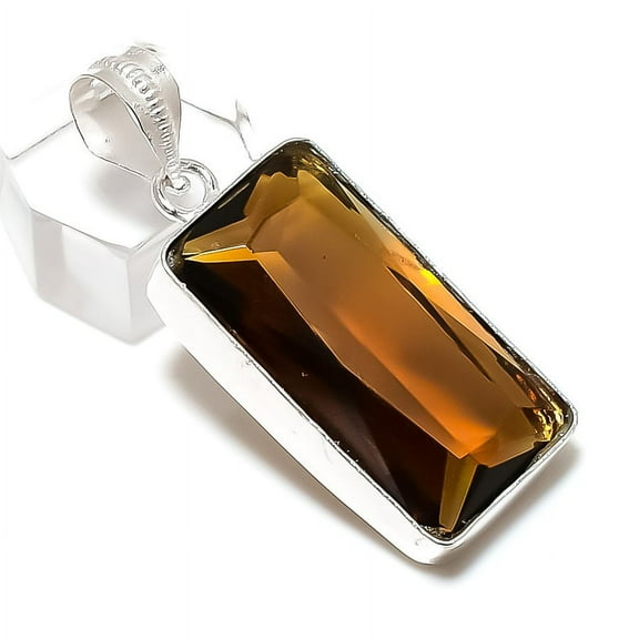 Natural Honey Topaz Gemstone Handmade 925 Sterling Silver Pendant 1.85"