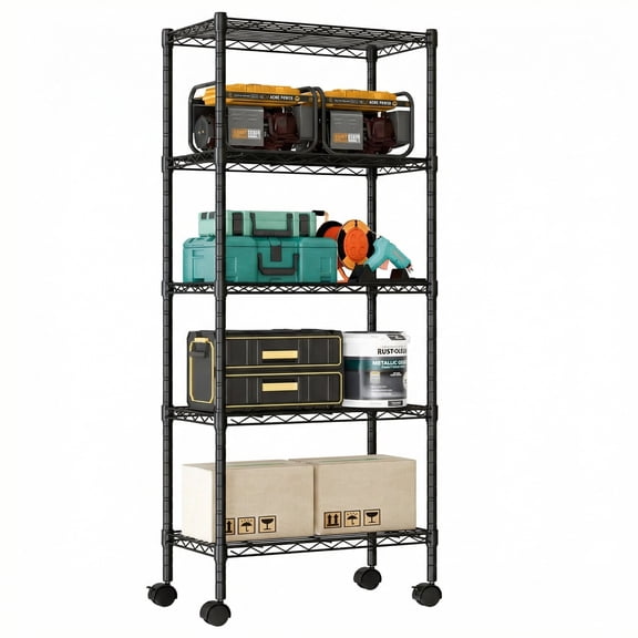 EDX 5 Tier Heavy Duty Adjustable Wire Shelving with Wheels, Storage Racks for Garage Kitchen Pantry Laundry Office, Easy Assembly, 23"W x 13"D x 60"H, Black