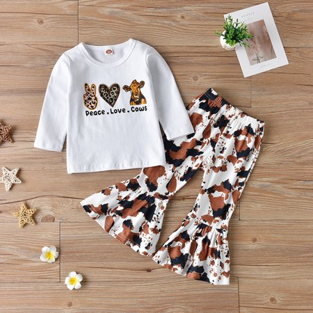

Gotyou Kids Flared Pants 2 Piece Suit Toddler Short Sleeve Love Cows Pattern Top & Cattle Pattern Flared Pants Sets