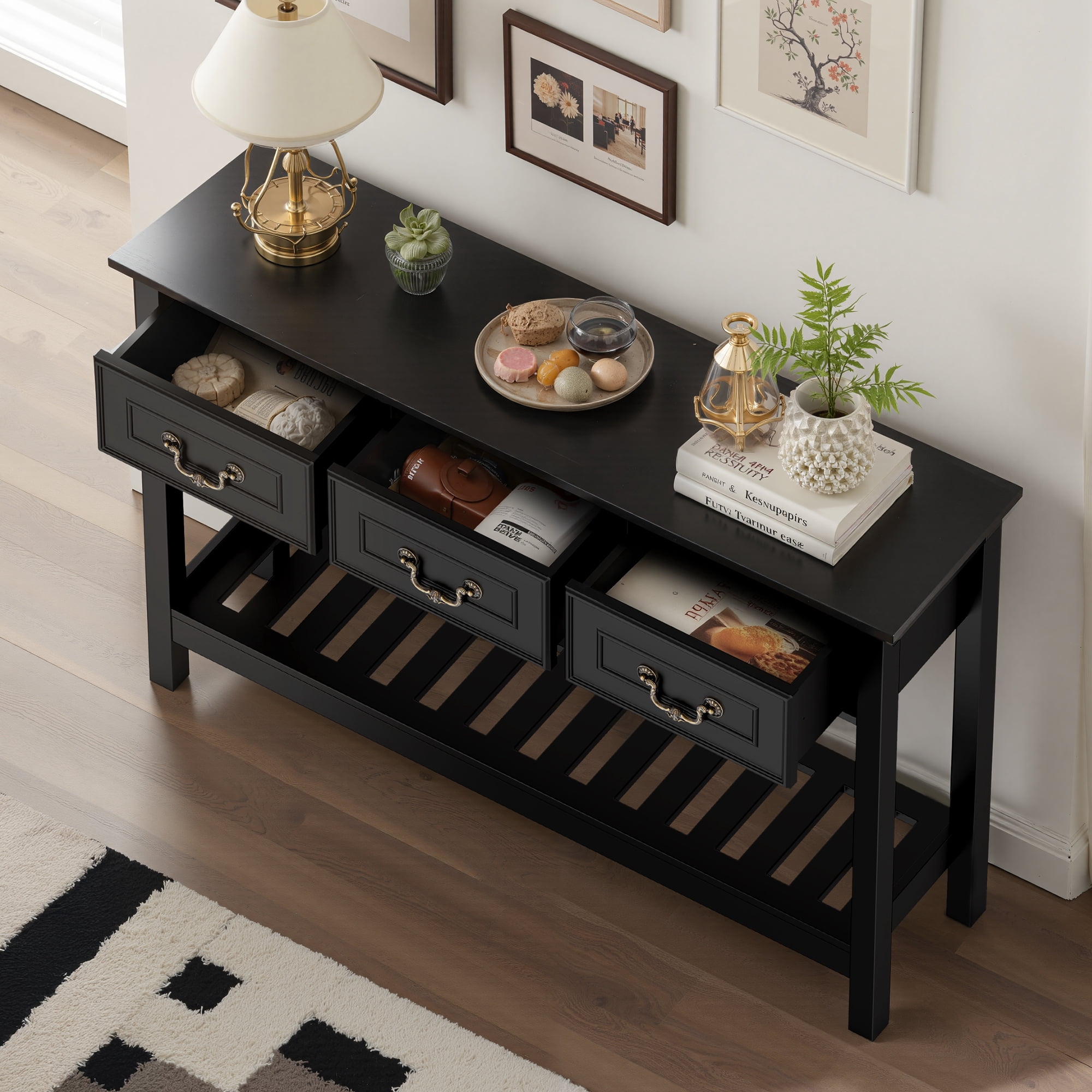 SPANSPACE Farmhouse Console Table with 3 Drawer, 47'' Entryway Table with Open Storage Shelf, Narrow Long Sofa Table for Living Room, Hallway, Behind Soft, Couch , Black