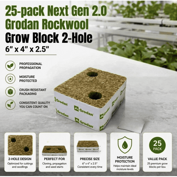 Grodan 2-Hole Plant Grow Blocks, Rockwool