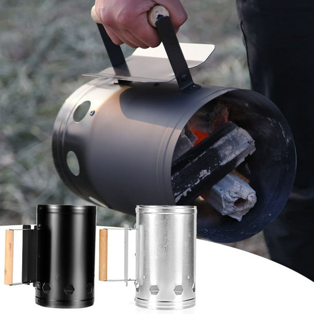 Encendedor de chimenea de carbón | Recipiente metálico con mango de madera resistente al calor | Encendedor de carbón para barbacoa al aire libre eficiente para acampar y cocinar en terrazas