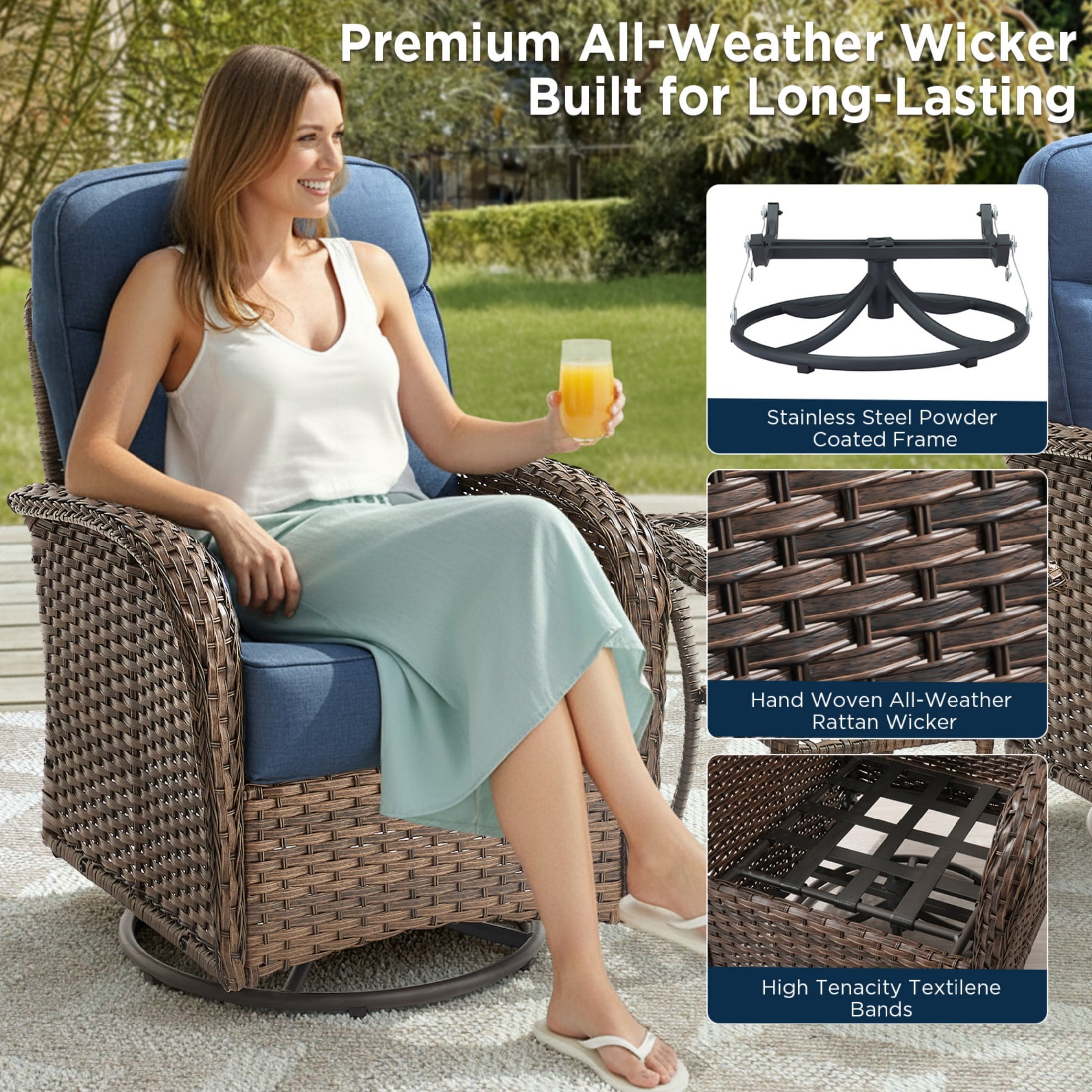 Unnifurnzi Outdoor Swivel Rocker Patio Chairs-6'' Thick Cushions Outdoor Rocking Chairs Set of 4 with Patio Side Table Patio Table and Chairs for Deck Porch Garden Balcony Poolside-Brown/Blue