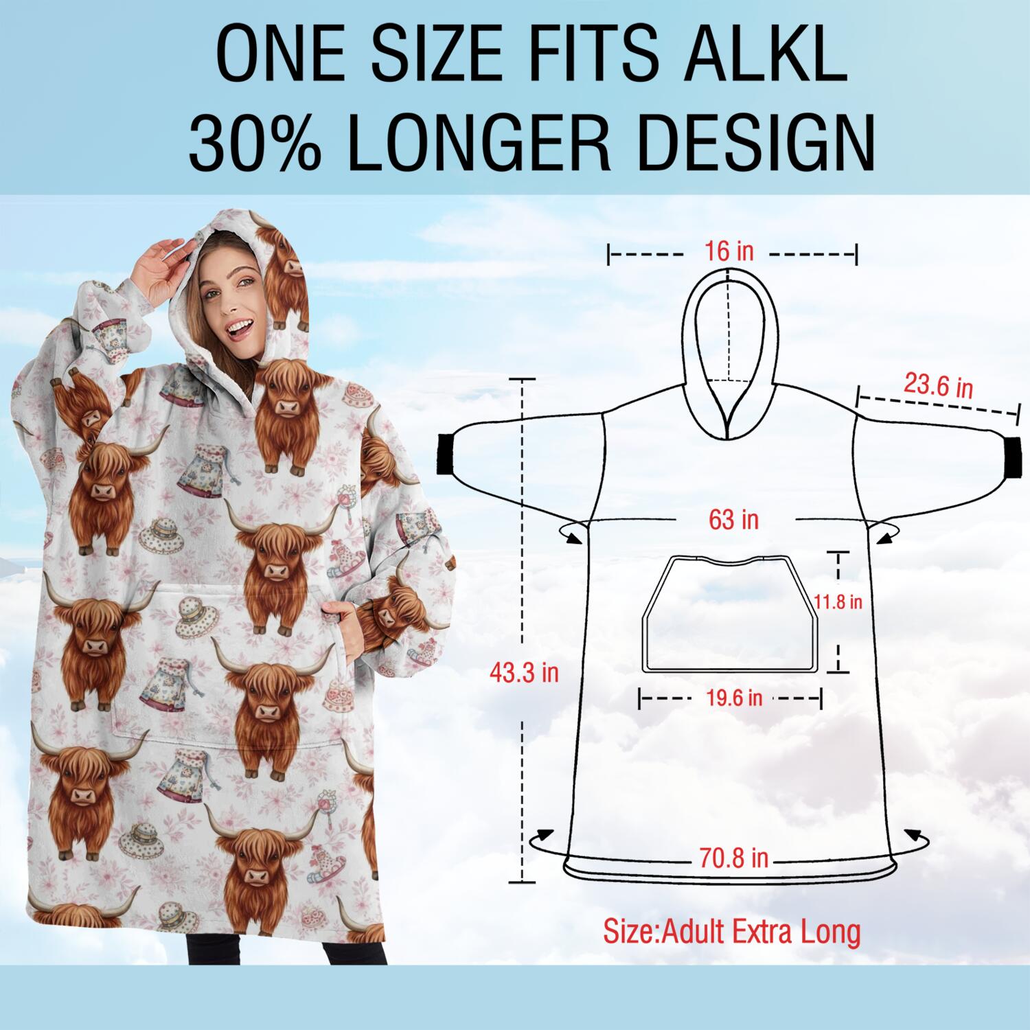 Oversized Wearable Blanket Hoodie,White Highland Cow Hat Dress Pattern Sherpa Blanket Hoodie with Super Pockets,Super Warm Fuzzy Pullover for Women & Men