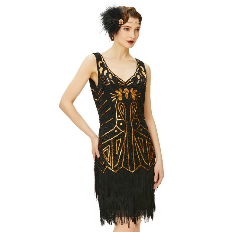 BABEYOND Women's Flapper Dresses 1920s V Neck Beaded Fringed Great Gatsby  Dress - Walmart.com