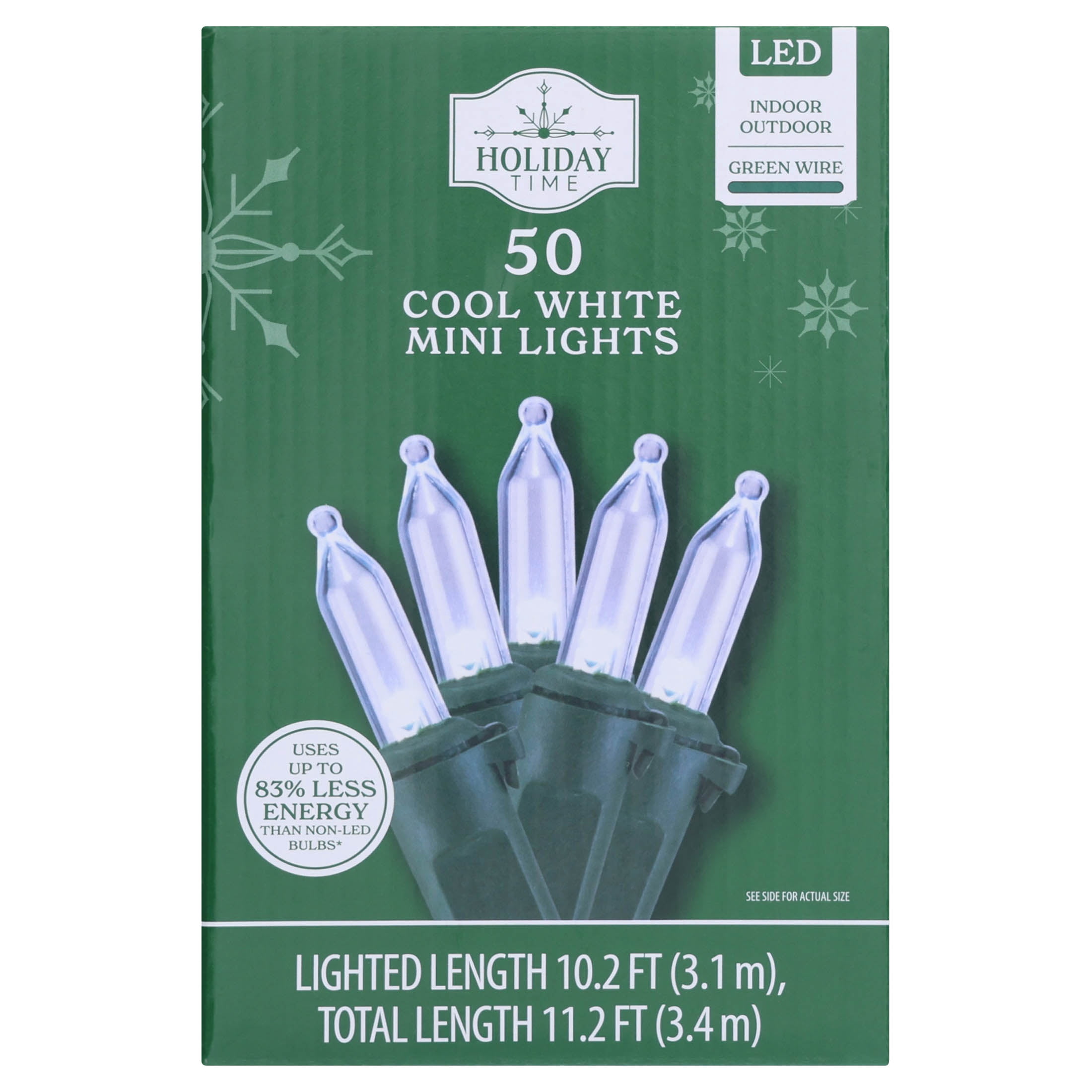 Indoor/Outdoor 50-Count LED Mini Christmas String Lights, Cool White, Green Wire, 10.2', by Holiday Time