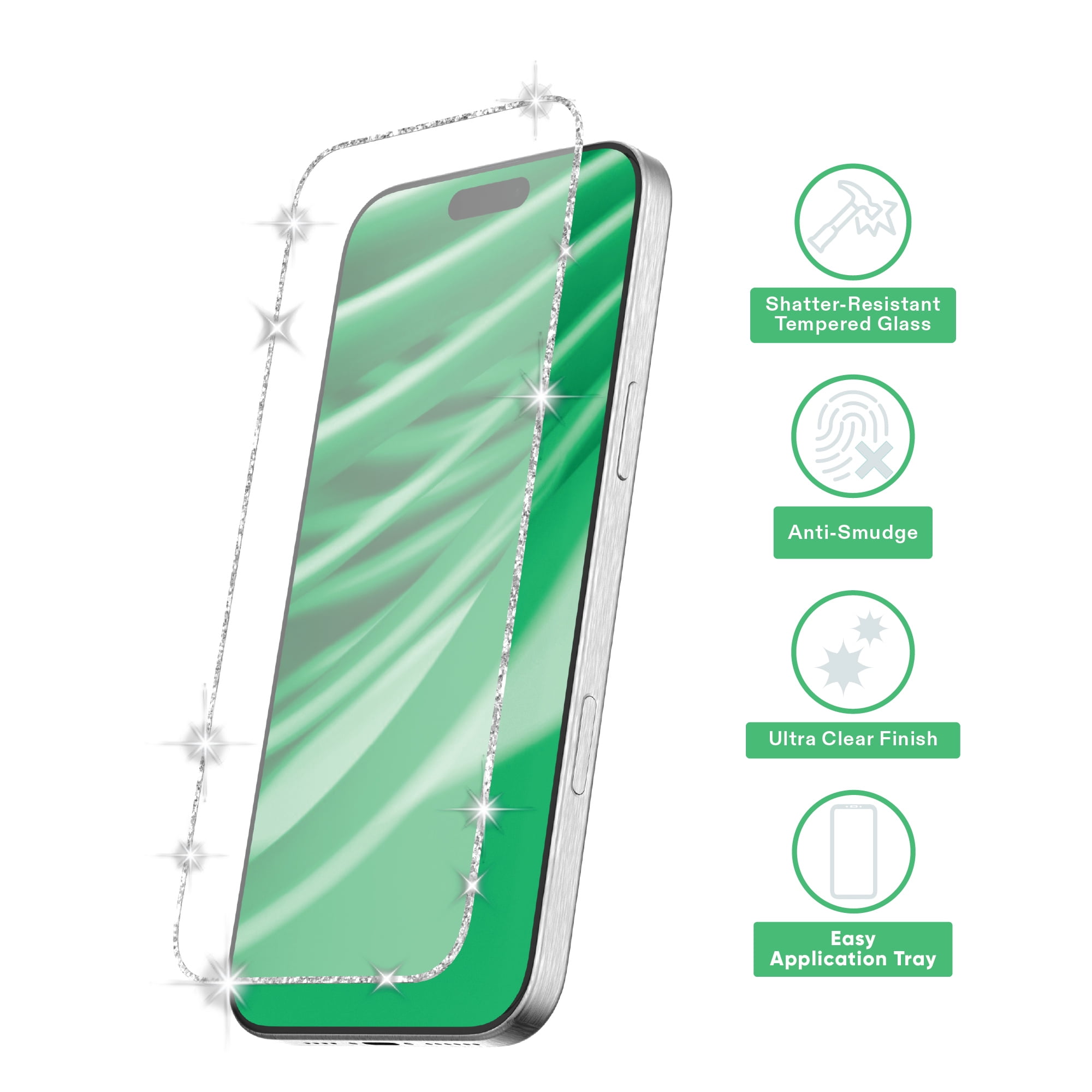 onn Glitter Frame Glass Screen Protector with Easy Application Tray for iPhone 17 Pro