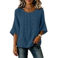 thumbnail image 4 of thefmos Women Summer Boho Linen Tops 3/4 Sleeve Round Neck Embroidery Casual Loose Pullover Blouses Solid Fall Fashion Tunic, Navy M, 4 of 9