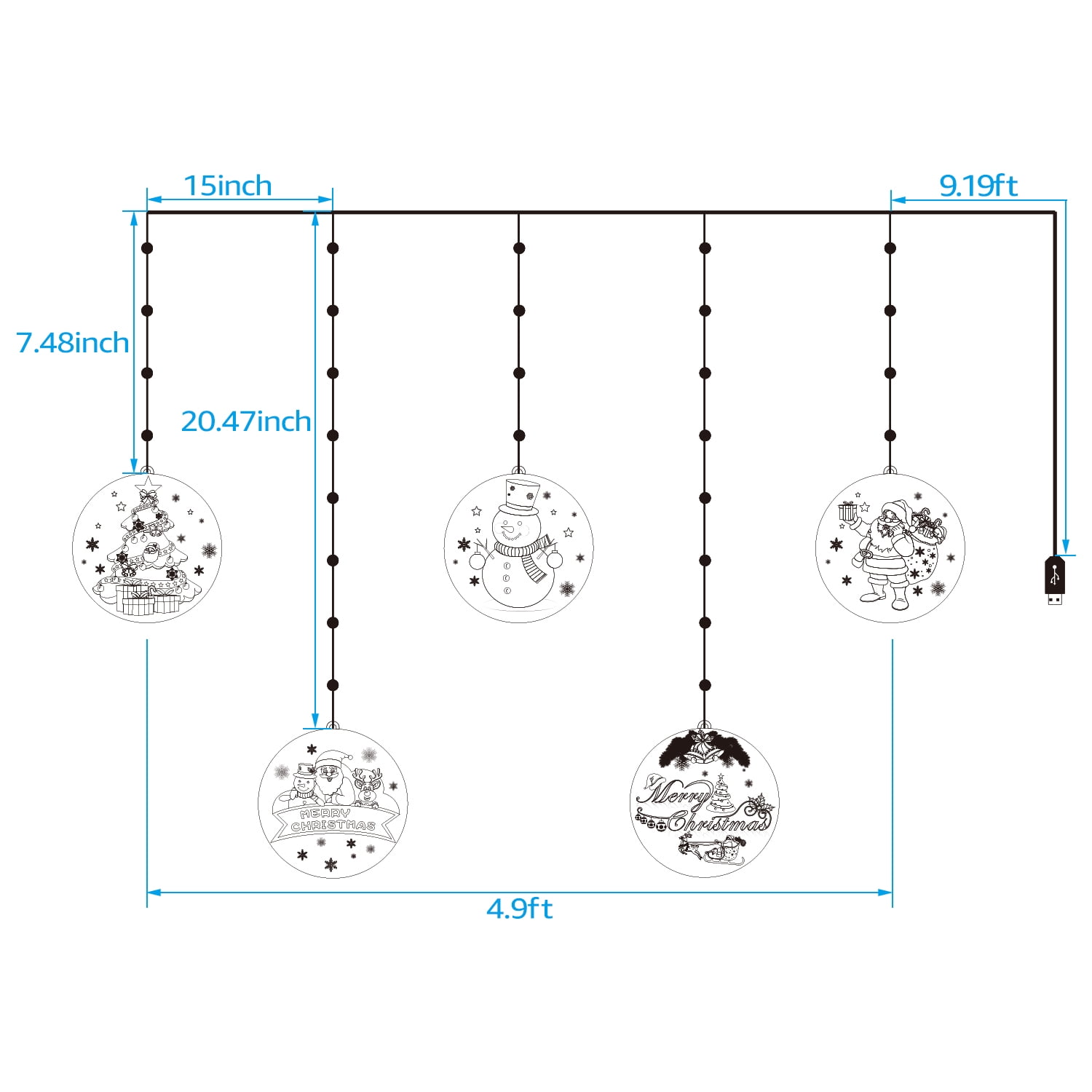 5 LEDs Christmas String Lights, 3D Decorations Hanging Lights, USB Powered