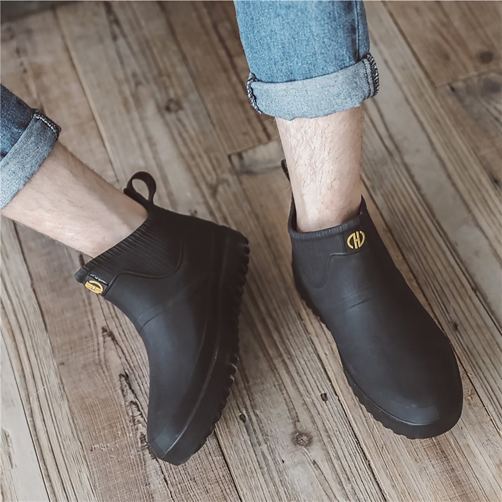 Wellies Mens Short Ankle Wellington Boots Waterproof Chelsea PVC Rubber Rain Boots Black 41 Walmart