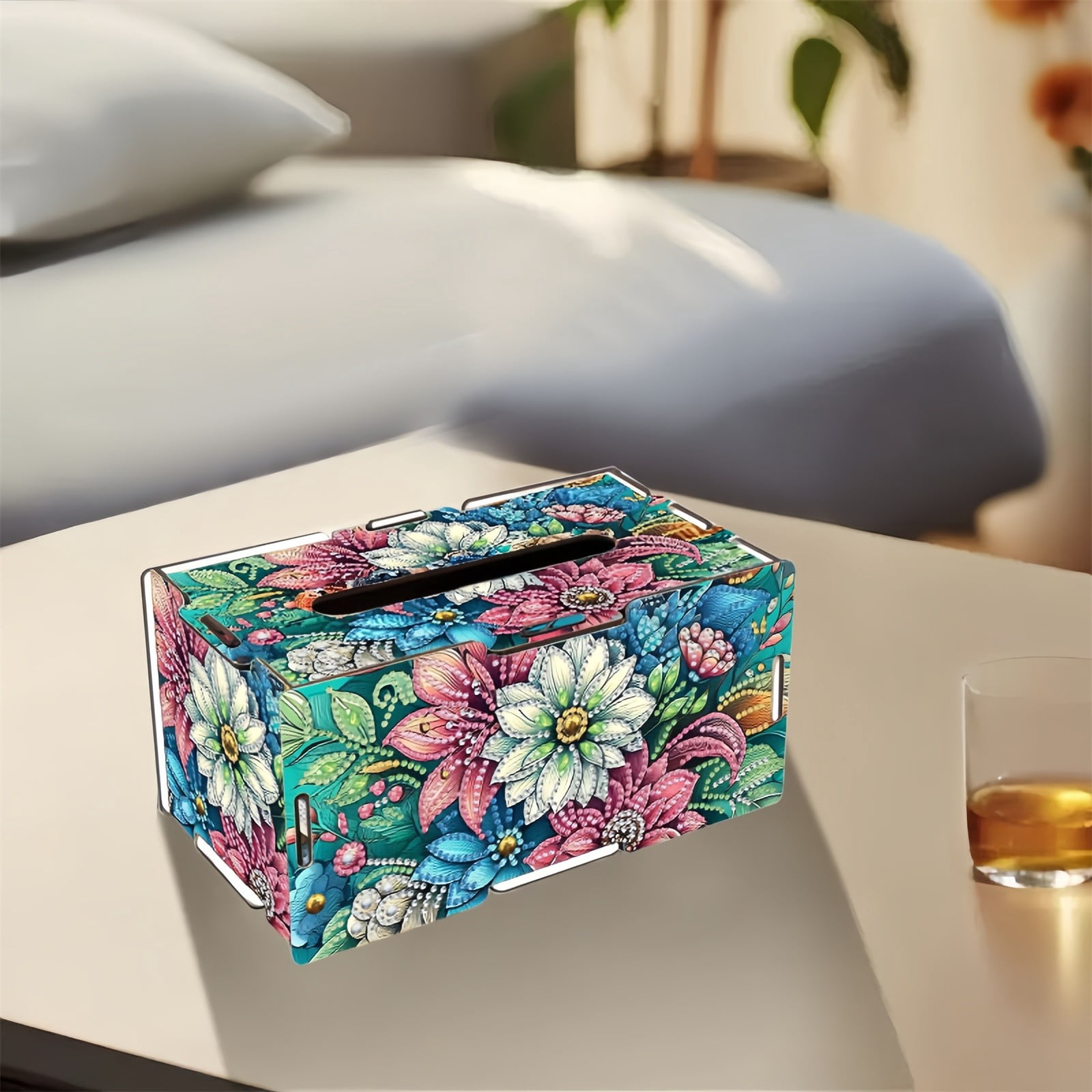 FLOPESN DIY Diamond Art Painting Wooden Assembly Paper Box, 8.86*5.31in, Creative Design Table Decor Rectangular Paper Towel Storage Box-2PCS Flowers-1