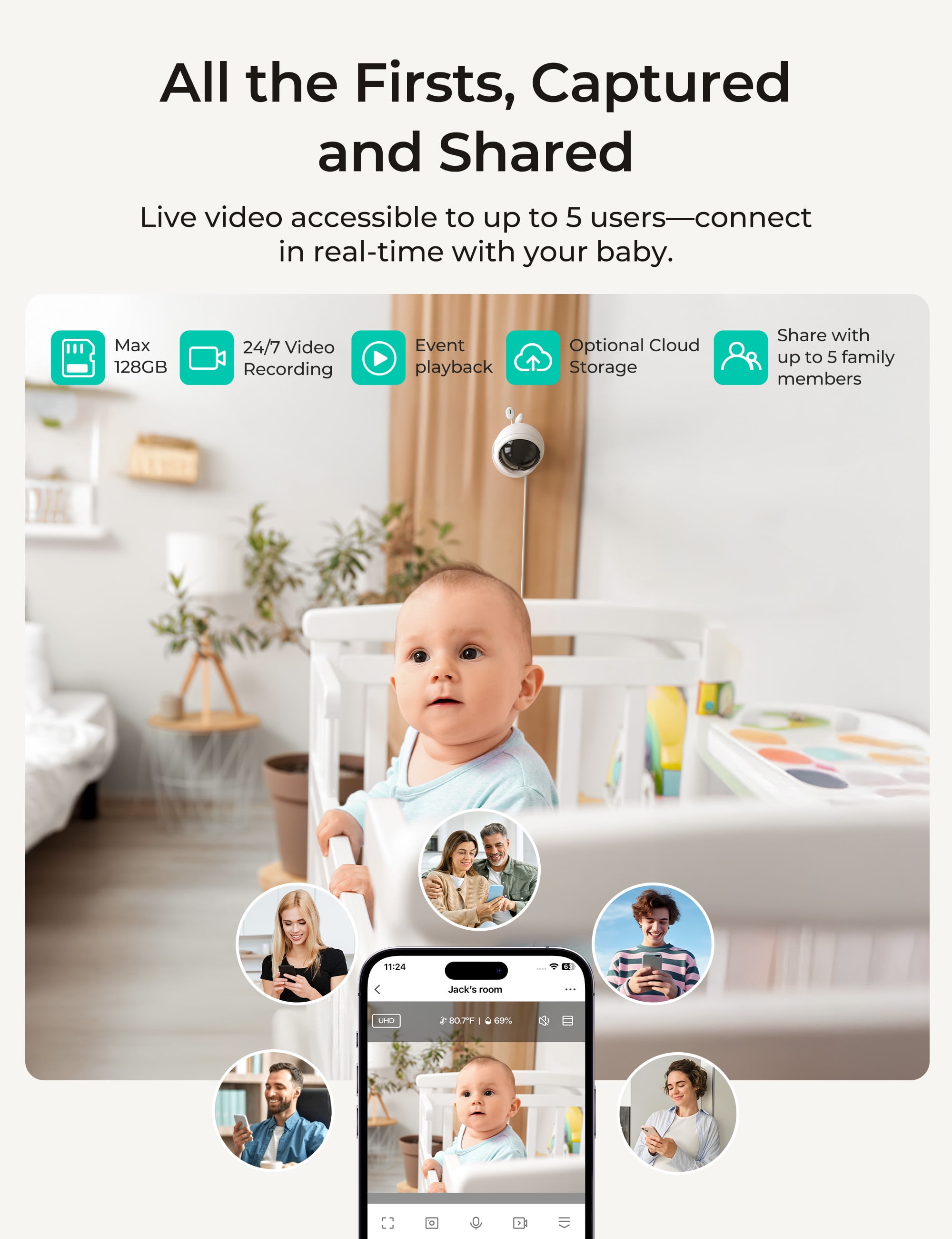 Dr.Care VistaView Lite RB WiFi Baby Monitor – 4" Split Screen, 1080P Camera, App Control, Motion Alerts, Removable Battery