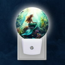Round LED Night Lights Lamp with Dusk to Dawn Sensor, Beautiful Mermaid Sits At The Ocean Night Light Plug Into Wall for Kids Room, Bedroom, Bathroom, Kitchen, Hallway