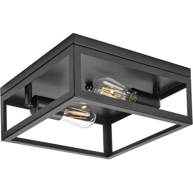 Indoor/Outdoor Flush Mount Ceiling Light Fixture, 2-Light Square Farmhouse Close to Ceiling Entryway Light, Black, Bulbs Not Included