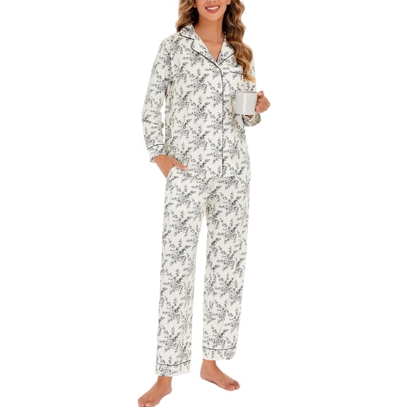 WQD Pajamas for Women 2 Piece Set Long Sleeve Button Front Pajama Set Soft Printed Sleepwear with Wide Leg Pants and Pockets
