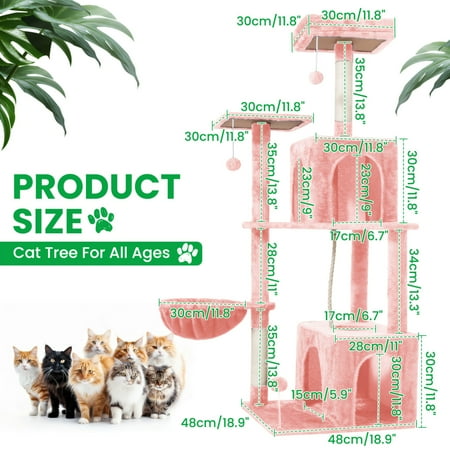 54" Tall Cat Tree for Bedroom/Living Room - Sisal Posts, Condos, Hammock & Pompoms, Multi-Level Activity Center, Sturdy Indoor Cat Furniture