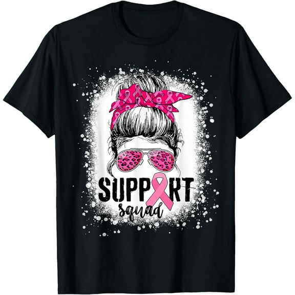 Support Squad Messy Bun Pink Warrior Breast Cancer Awareness T-Shirt100% cotton short-sleeved shirt for both men and women