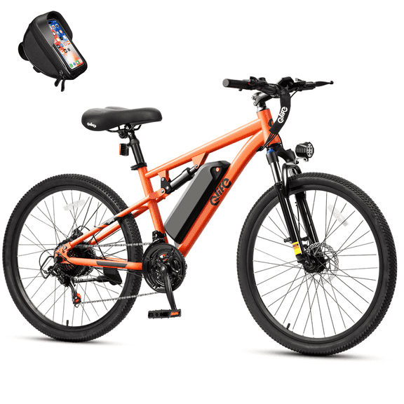 Qlife Racer 27.5 Inch Electric Bicycle for Adults, Full Suspension 21-Speed Mountain Ebike with More Than 1200W 28MPH Brushless Motor, (Orange) with Phonebag