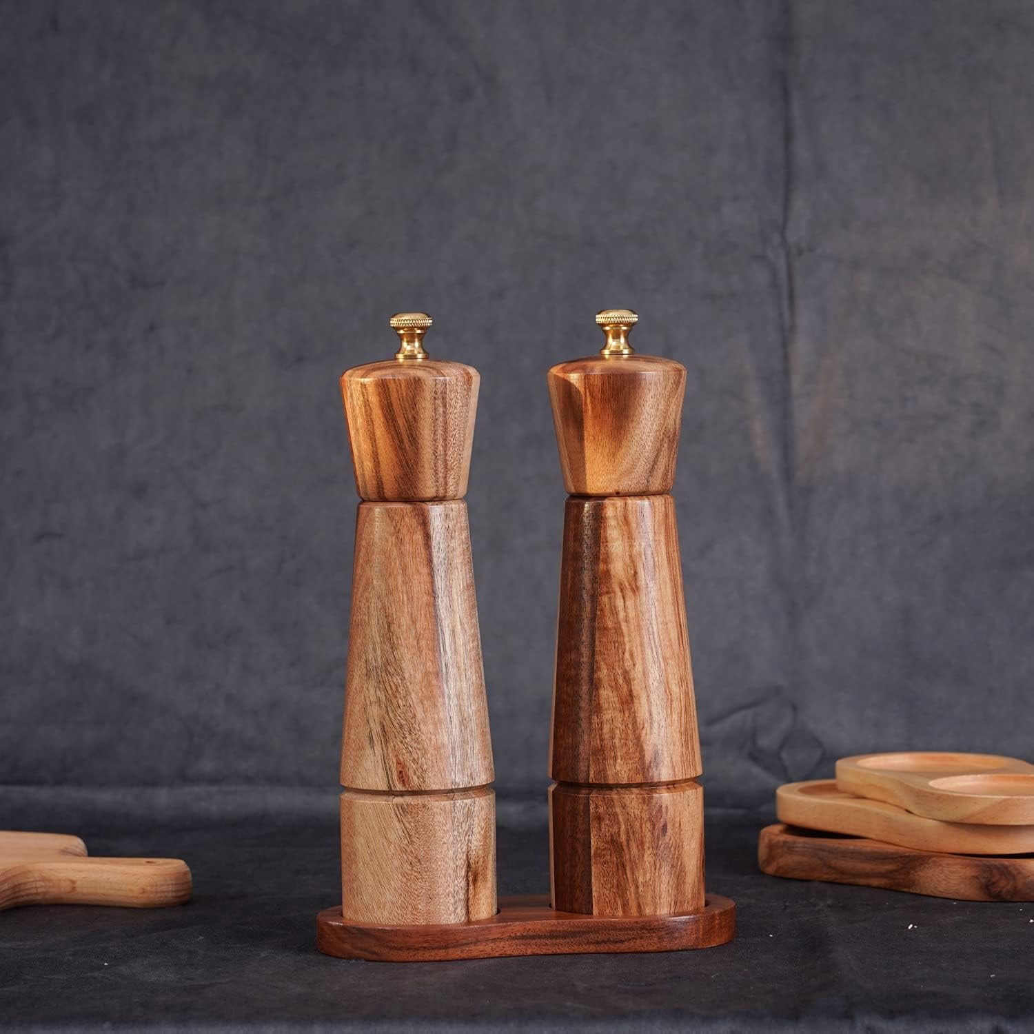 DeroTeno Salt and Pepper Mill Set, Adjustable Ceramic Grinder Salt Mill, Stainless Steel Grinder Pepper Mill, Acacia Wood, 8 inch/22 cm Height, Bottom Dia 5.5 cm (Tray is NOT Included)