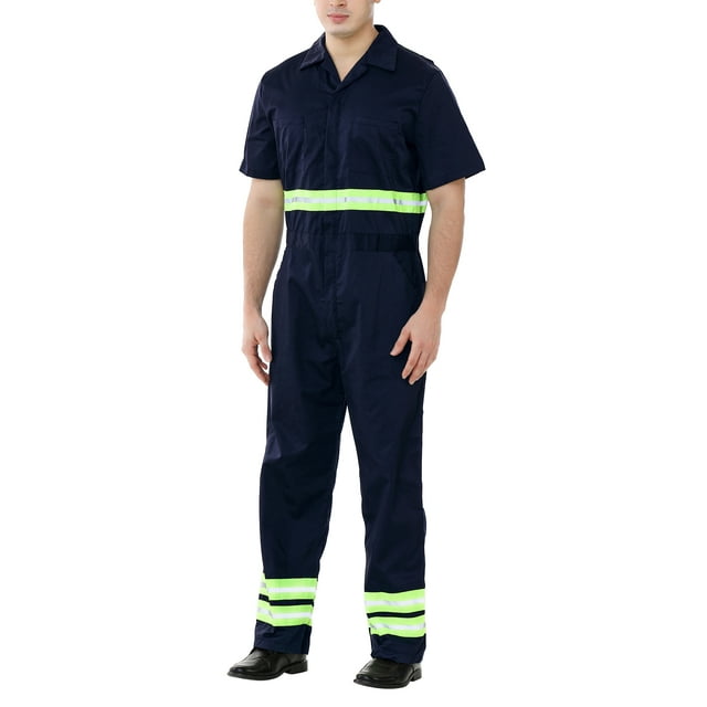 TOPTIE Men's Reflective Coverall Enhanced Visibility Coverall, Short Sleeve Length Regular-Navy-S Regular