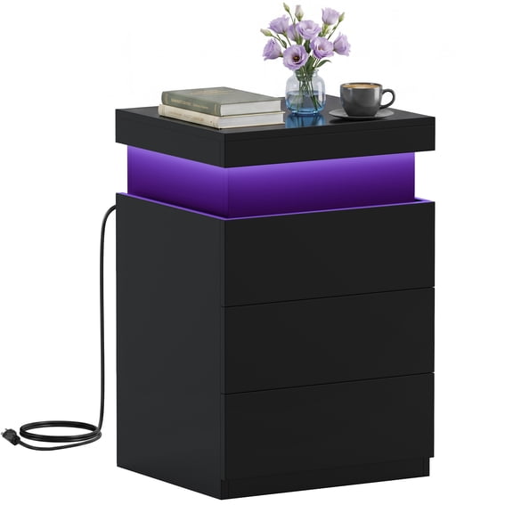 CONCETTA LED Nightstand with Charging Station, Modern 3 Drawer Bedside Table with Sliding Top and Hidden Storage for Bedroom and Office, Black