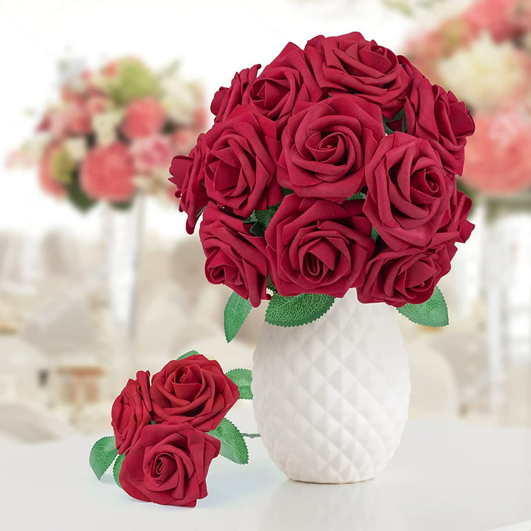 Floroom Artificial Flowers 25pcs Real Looking Burgundy Foam Fake Roses with Stems for DIY Wedding Bouquets Red Bridal Shower Centerpieces Party