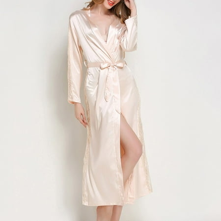 

ALSLIAO Women Satin Long Sleeve Robe Elegant Kimono Pyjamas Nightwear Long Bathrob Champagne M