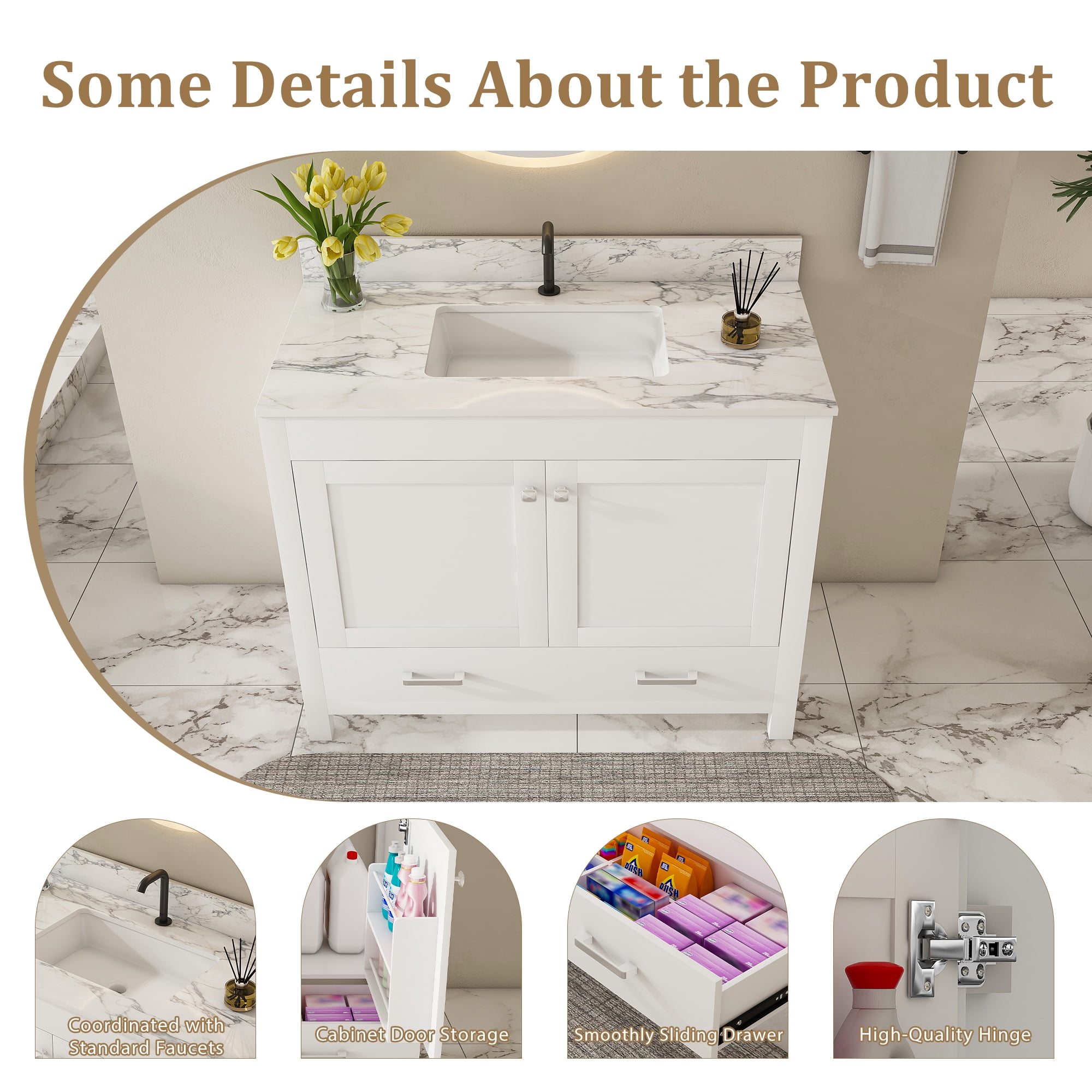 Mintazer 43 Inch Bathroom Vanity Cabinet with Sink, Bathroom Storage Vanity with Drawer & Single‑Hole Ceramic Sink Sintered Stone Countertop, Backsplash for Bathroom, White