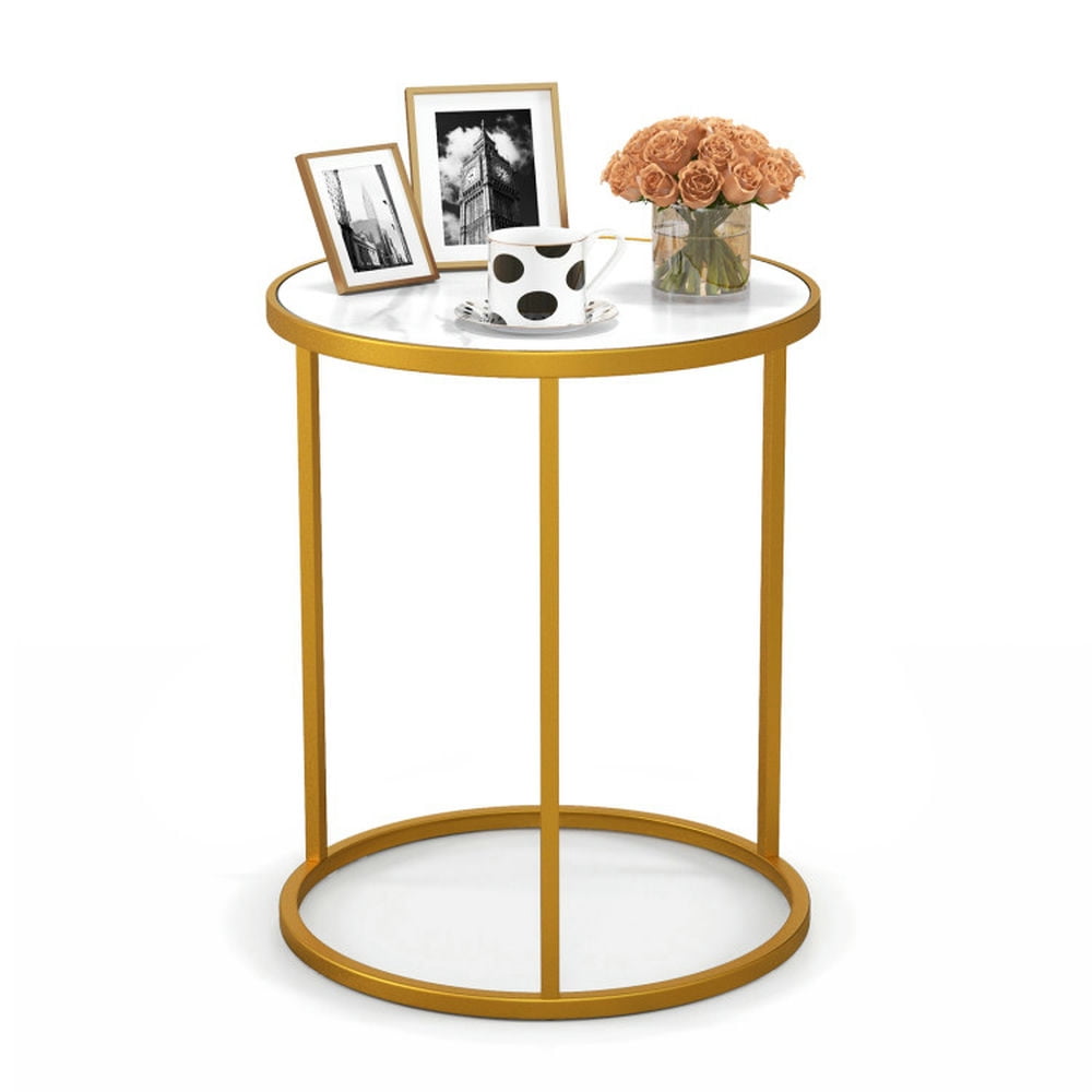 Finihen End Table, Round Marble End Table, 16 Inch Marble Top Round Side Table with Golden Metal Frame-1 Piece, Sofa Side Table, Bed Side Table, for Living Room, Bedroom, White