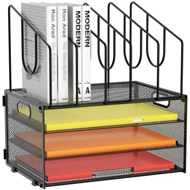 Marbrasse 4-Tier Mesh Desk File Organizer,5 Vertical File Holder and Handle for Home Office (New Vertical Holder-Black)