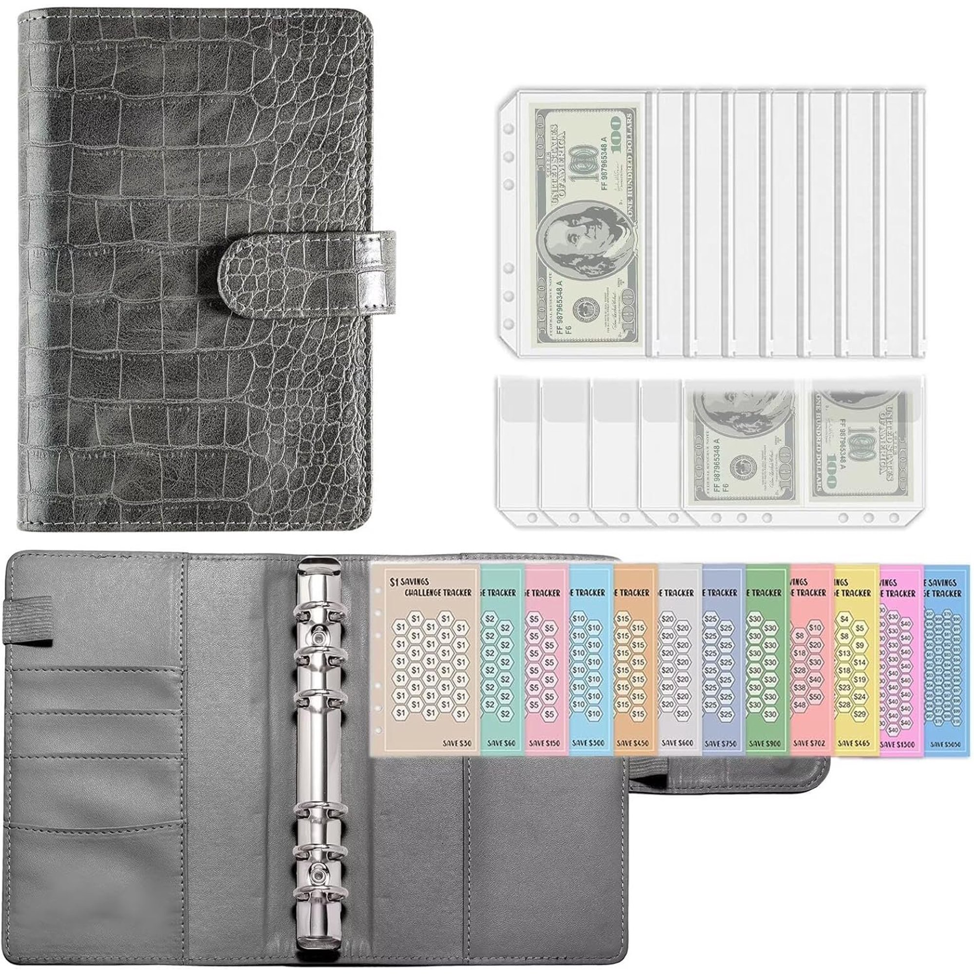Saving Binder for , 52 Week Monthly Envelopes Saving Book with Budget for 6 Ring Binder, Easy and Fun Way to Save $5050, 10000 (Grey)