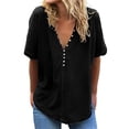 thumbnail image 1 of Pompotops Femmes Manches Courtes Col en V Boutons Hauts Blouses Décontractées Amples Unies T-Shirts, 1 of 7