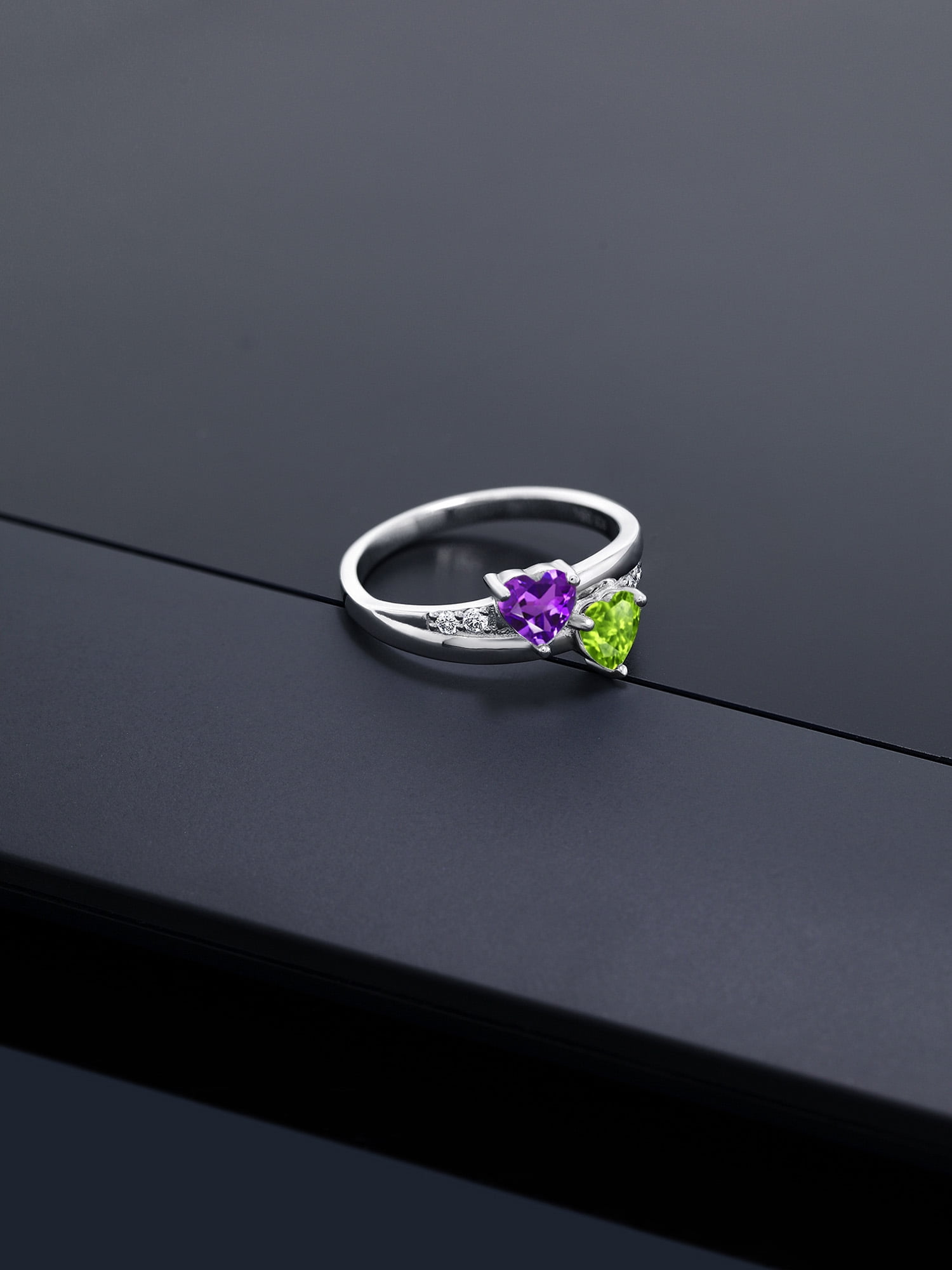 0.98 Ct Heart Shape Amethyst Peridot 925 Sterling Silver Lab Grown Diamond Ring