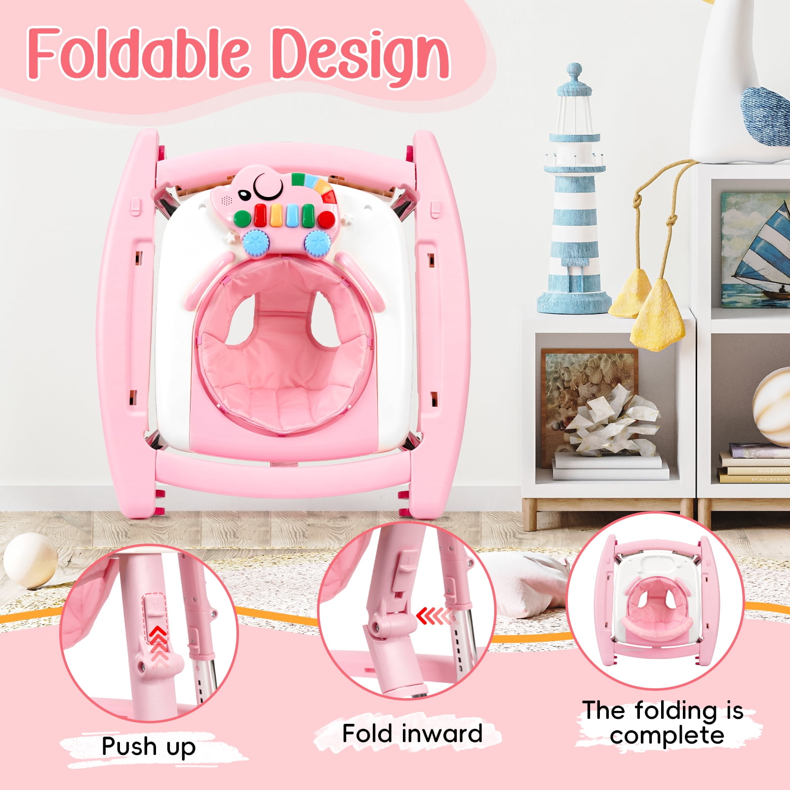 5-in-1 Foldable Baby Walker with Music & Lights – Adjustable Height, Wheels & Bouncer, Portable Toddler Walker for Baby Girls 6-18 Months, Pink